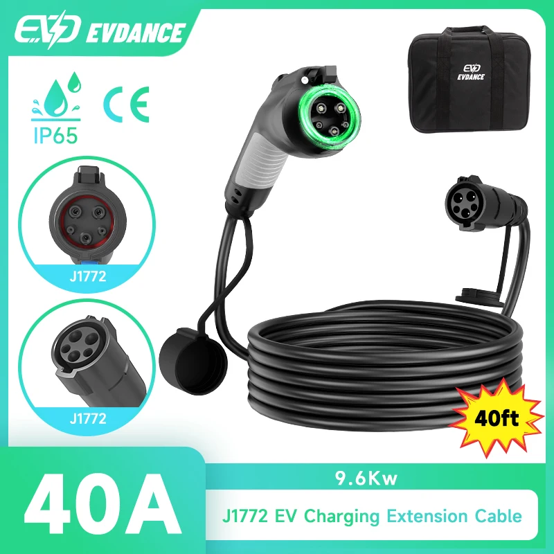 EVDANCE J1772 Electric Car Chargers Extension Cable 40A 9.6Kw 40ft Car Fast Charging Accessories Type2 Male to Female Plug