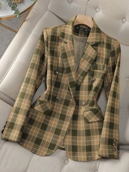 Green Coffee Plaid Women Blazer Ladies Long Sleeve Female Slim Casual Jacket For Autumn Winter