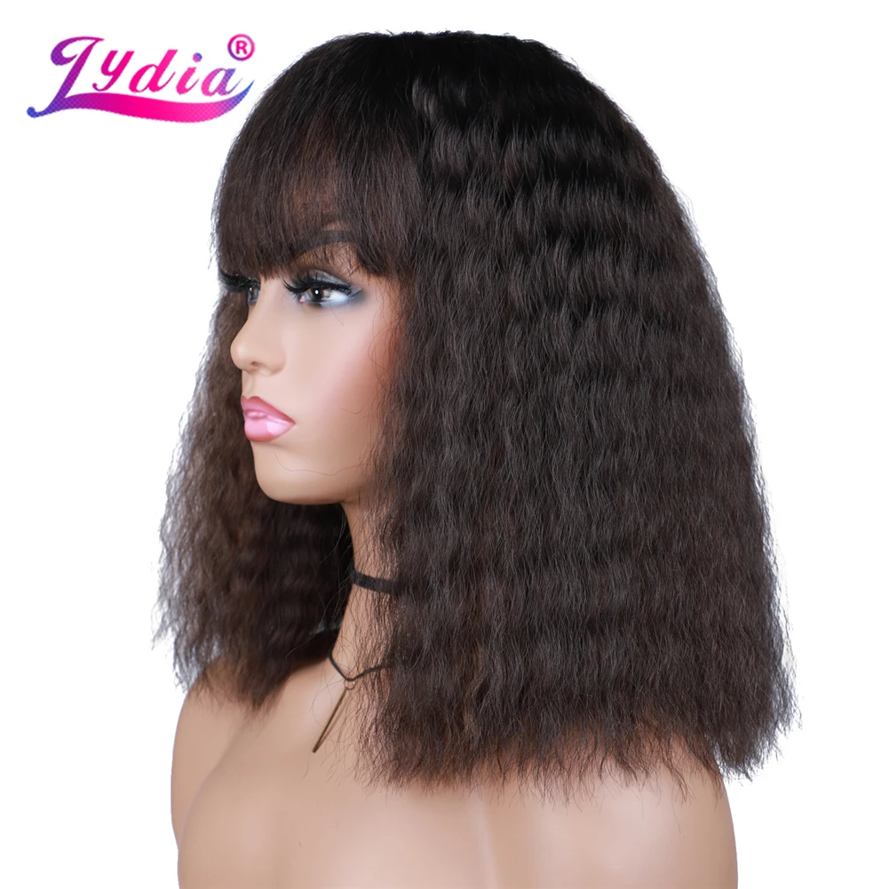 Lydia Middle Synthetic 16 Inch Wigs Kinky Curly Neat Bang Heat Resistant African American With Skin Topper Water Wavy Full Daily