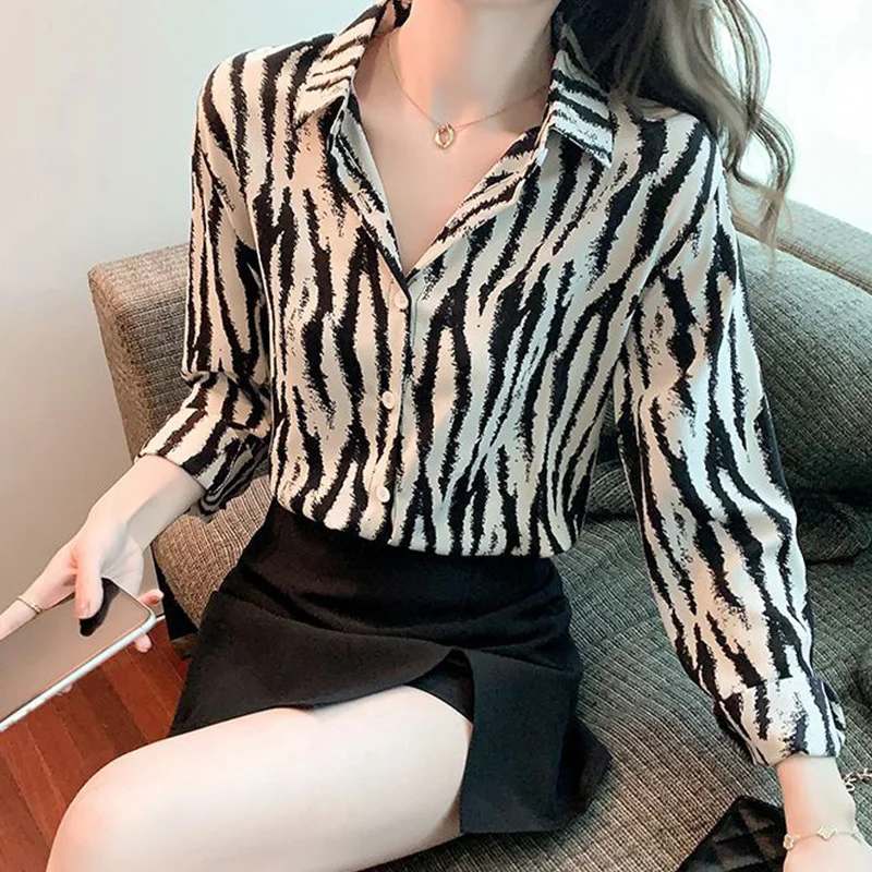 2023 Autumn Women\'s New Fashion Chiffon Versatile Top Polo Collar Zebra Long Sleeve Casual Comfortable Versatile Shirt