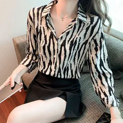 2023 Autumn Women's New Fashion Chiffon Versatile Top Polo Collar Zebra Long Sleeve Casual Comfortable Versatile Shirt