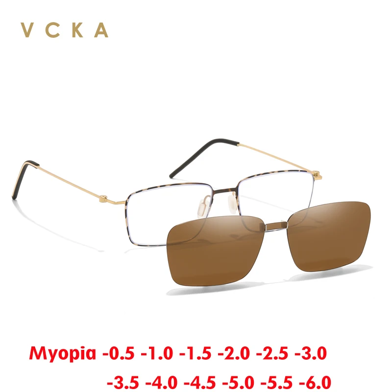 

VCKA 2 in 1 Titanium Myopia Sunglasses Magnetic Clip Polarized No Screw Frame Men Women Square Optics Custom Glasses -0.50 to -1