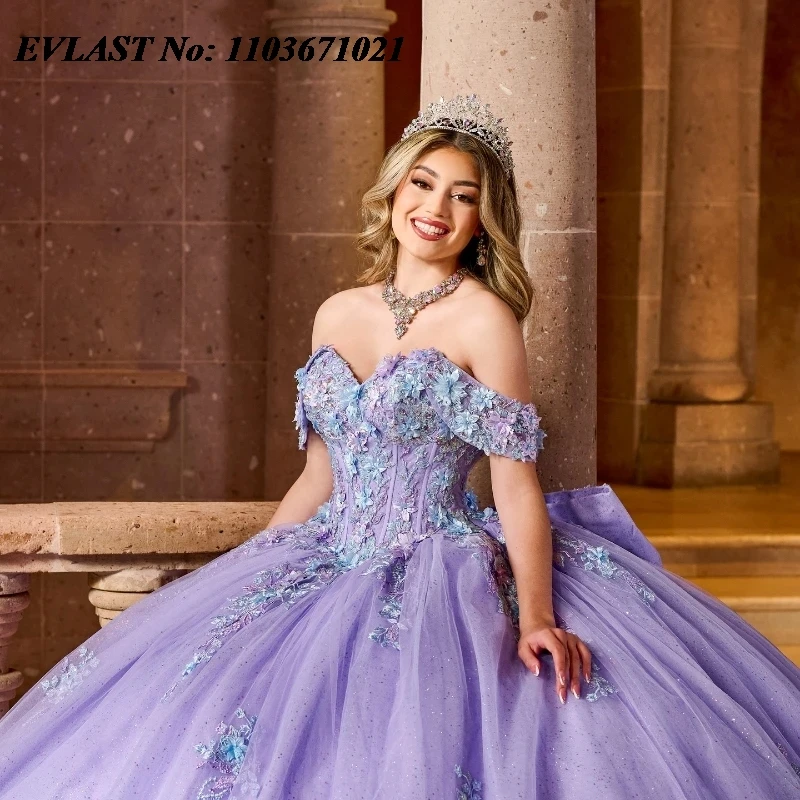 EVLAST Maßgeschneidertes Lavendel-Quinceanera-Kleid, Ballkleid, Blumenapplikation, Perlenschleife, Korsett, Sweet 16, Vestidos de 15 Anos SQ721