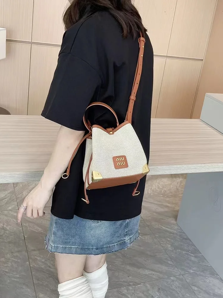 Fashion window canvas bucket bag designer women's handbag luxury leather shoulder strap broadband handbag