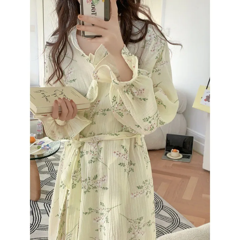 

Korean Ins Kimono Lotus Edge Bathrobe Female Spring Summer New Cotton Nightgown Ladies Spa Yukata Homewear Long Bathrobe Women