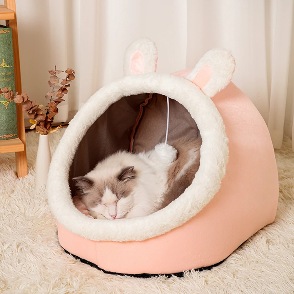 Cat Bed Cave with Removable Washable Cushioned Pillow Mat ang Hanging Ball Toy Soft Plush Cotton Pet Bed Non-Slip Cat House Tent