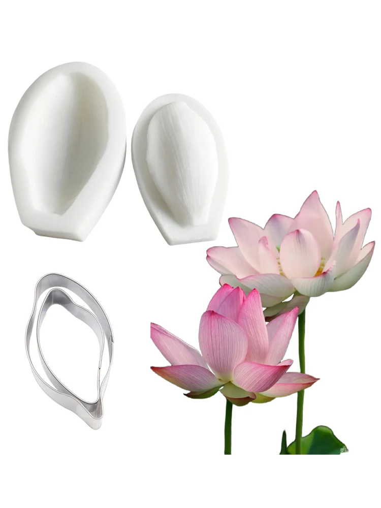 4PCS Large Lotus Flower Veiners &Cutter Silicone Fondant Mold Chocolate Sugar Paper PolymerClay Decoration Confectionery Moulds