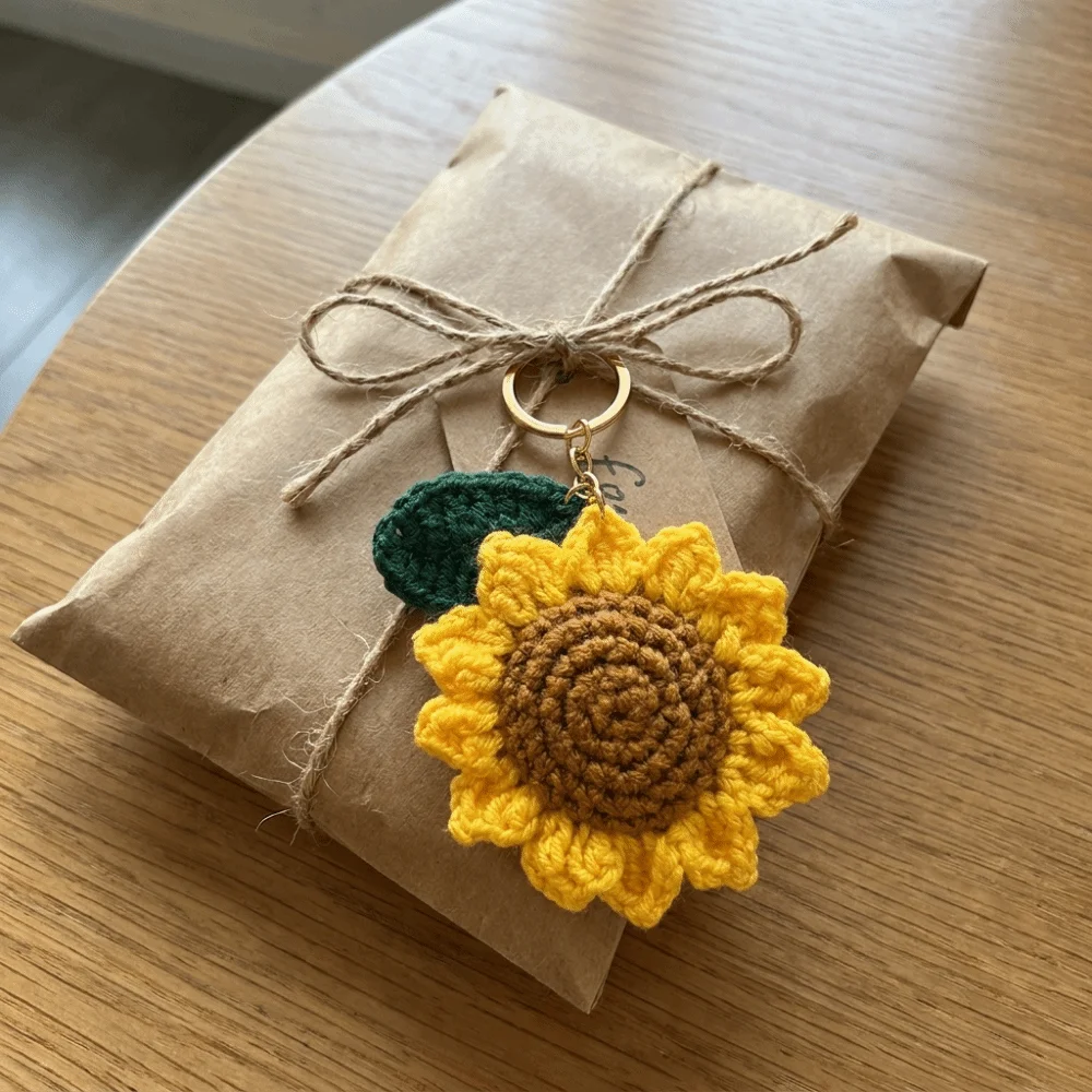 Sweet Fabric Crochet Sunflower Pendant Cotton With Rope Knitted Keychain Adjustable Lobster Clasp Bag Lanyard Charm Gift
