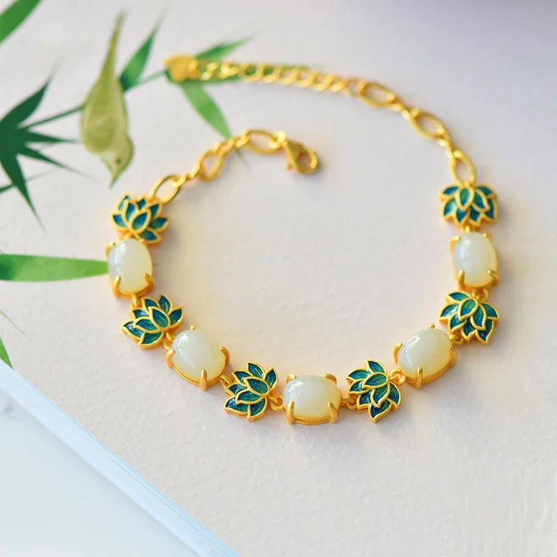 

Natural Hotan Jade Charms Enamel Lotus Flower Bracelet for Women New in Chinese Vintage Ancient Gold Craft Bangles Jewelry