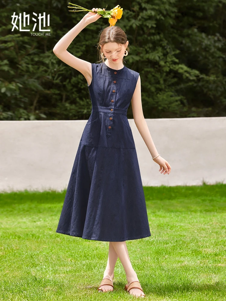 

Simple Sle round Ne Svel Slim Fit High Waist Midi Dr Cotton Summer New Arrival Women's Dr Casual Commute Work...