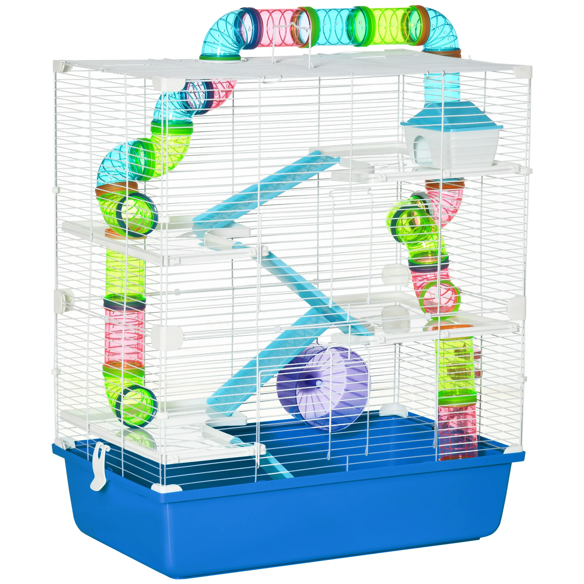 PawHut Jaula para Hámster con Túnel Plataformas Cuenco Bebedero Casita Rampas y Rueda de Ejercicio 59x36x69 cm Azul