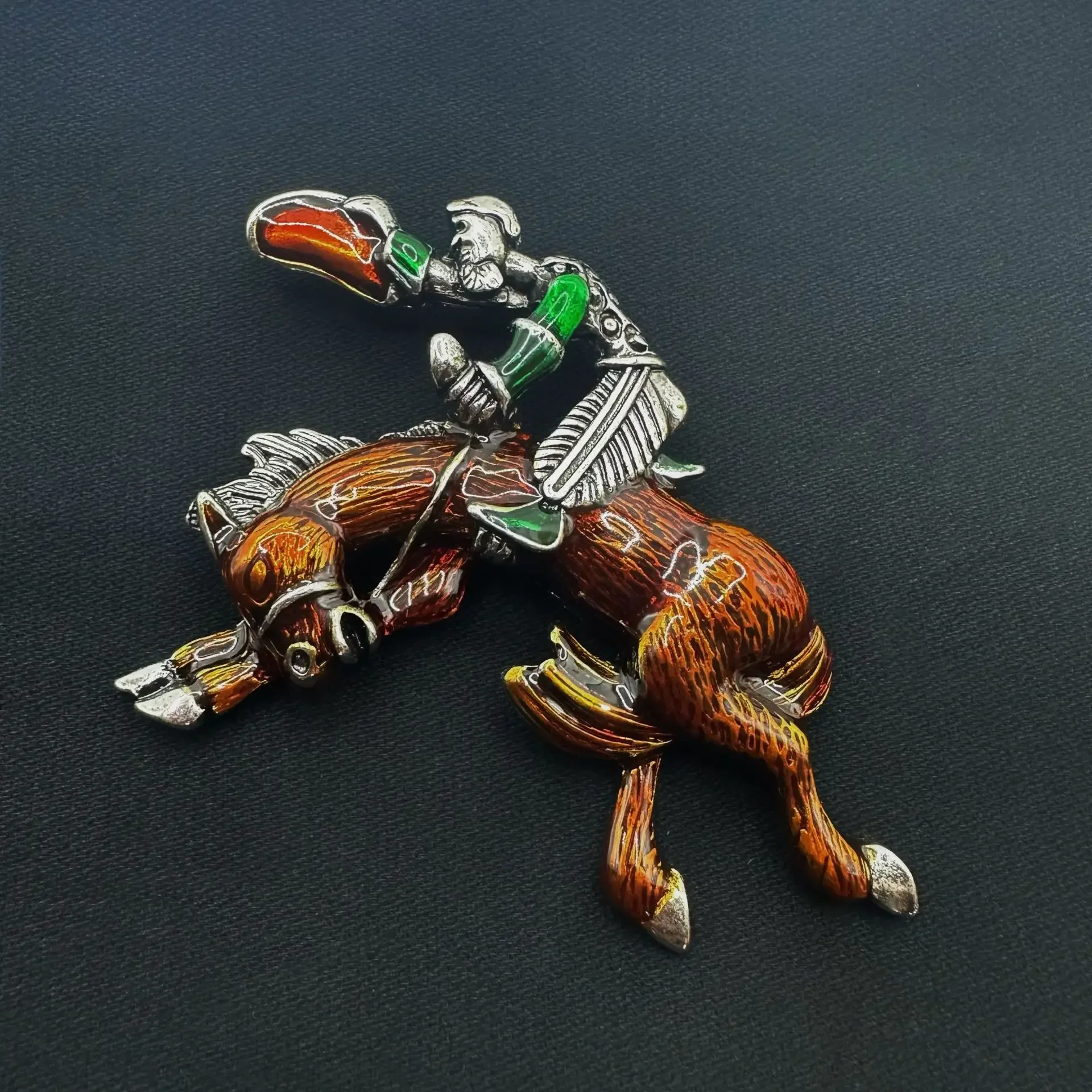 

Old European court enamel dripping oil war horse brooch