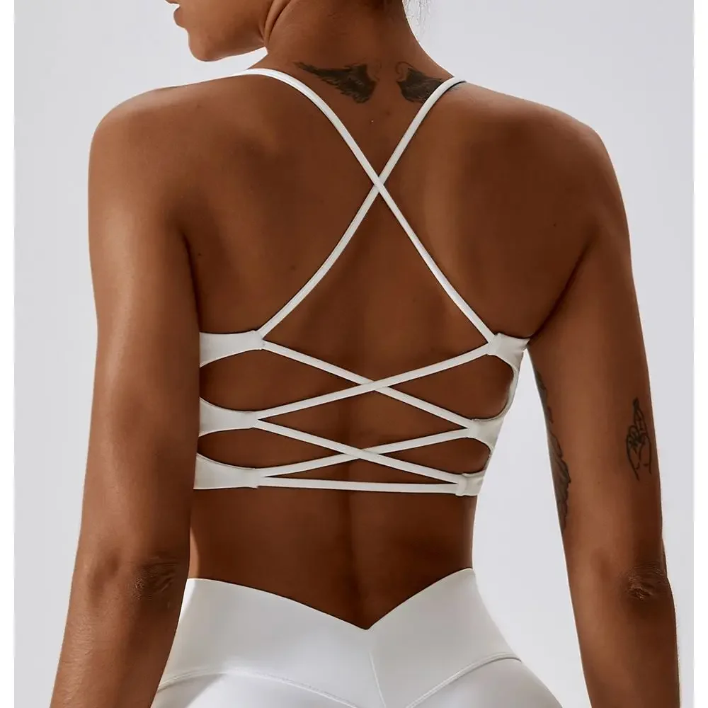 

Solid Color U-Shaped Multi-Strap Cross Back Women Fitness Sports Bra Top Gym Yoga Athletic Tight Workout Jog Soft With Chest Pad