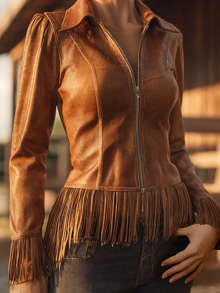 Westerse PU lederen overhemdkraag Fringe zoom rits jas jas voor vrouwen lange mouw High Street jas herfst nieuwe dame bovenkleding