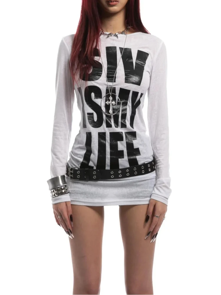 Y2K Streetwear Harajuku Cross Letter Printed Long Sleeved T-shirts Fashionable Versatile Aesthetics Slim Niche Base Women's Tops