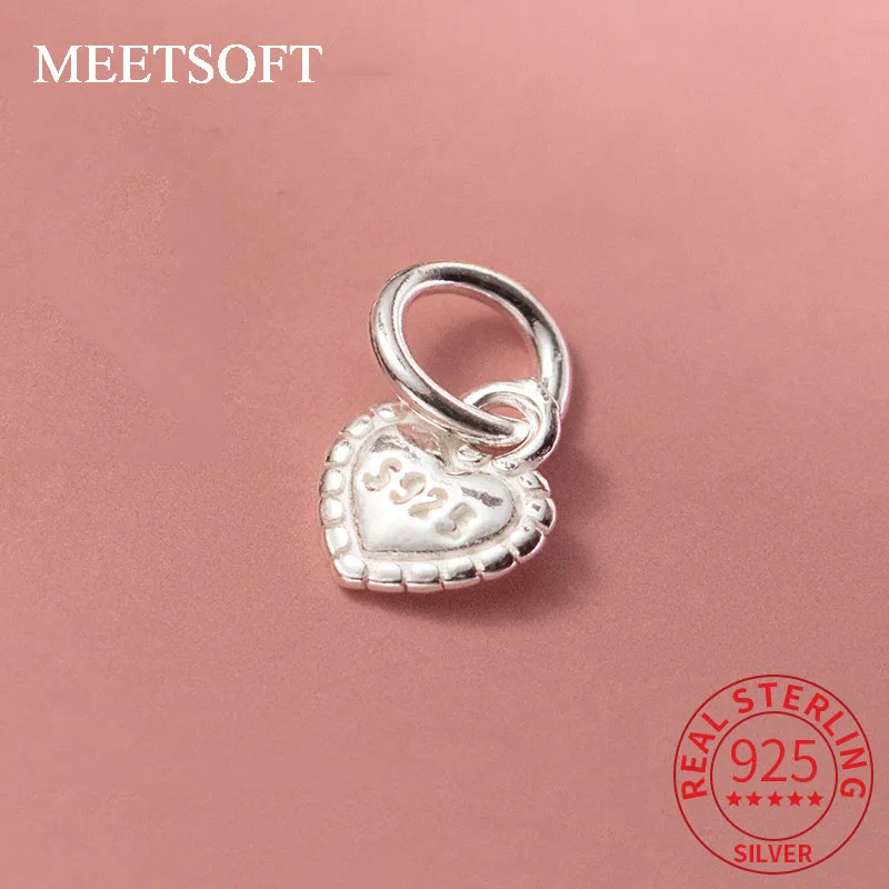 MEETSOFT S925 Sterling Silver Lucky English Heart Pendant Hanging Tag DIY Beaded Pendant Hand Woven Rope Material Accessories