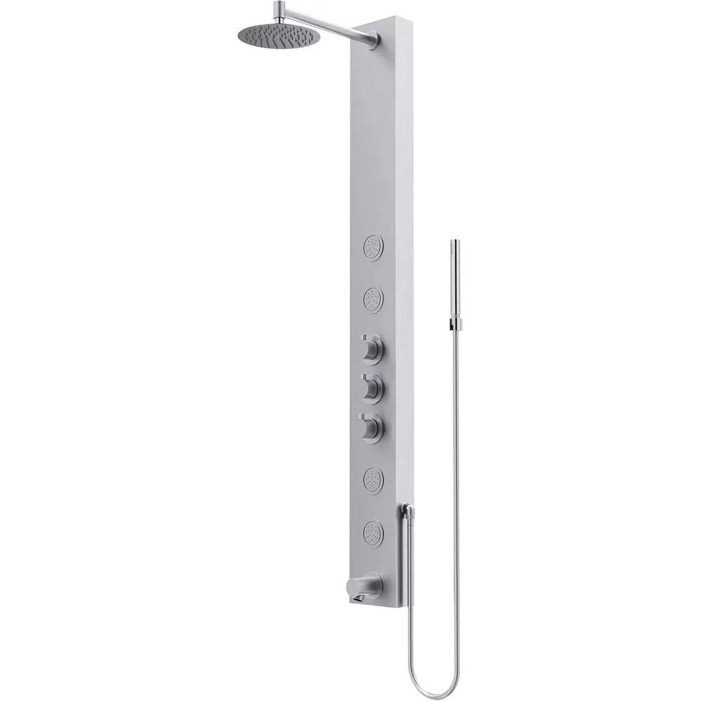 

Bowery 59 in. H x 6 in. W 4-Jet Shower Panel System with Round Head, Tub Filler and Hand Shower Wand in Stainless Steel VG08022S