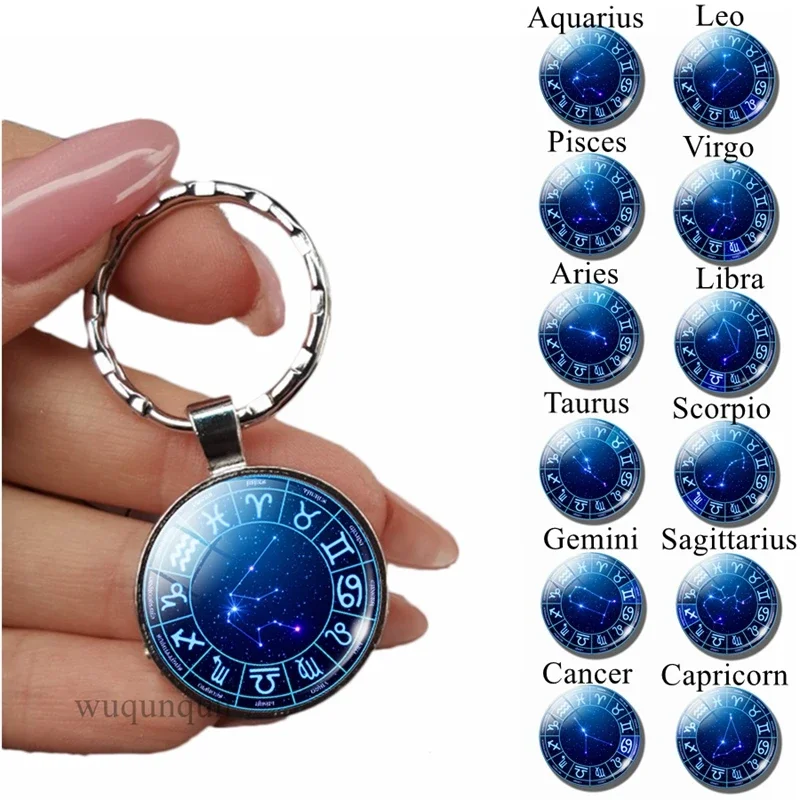 12 Zodiac Sign Keychain Key Chain Rings Glass Cabochon Jewelry Constellations Planet Pendant Keyrings Birthday Gifts