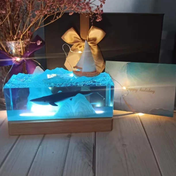 2026 Blue Mountain Whale Home Decoration Craft Ocean Whale USB Luminescent Resin Desktop Sculpture Unique Gift
