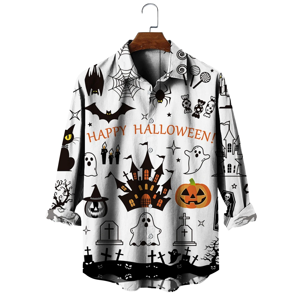 Pumpkin Devil Printing Men's Cotton Long-sleeved Shirt Women's Lapel Buttoned Leisure Breathable Shirt Halloween Oversized Tops