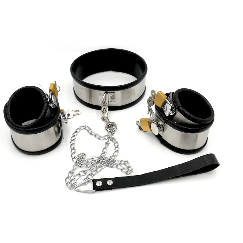 Black Stainless Steel Silicone Lockable Handcuffs Ankle Cuffs Neck Collar Slave BDSM Bondage Shackles Restraint Adult Sex Toys