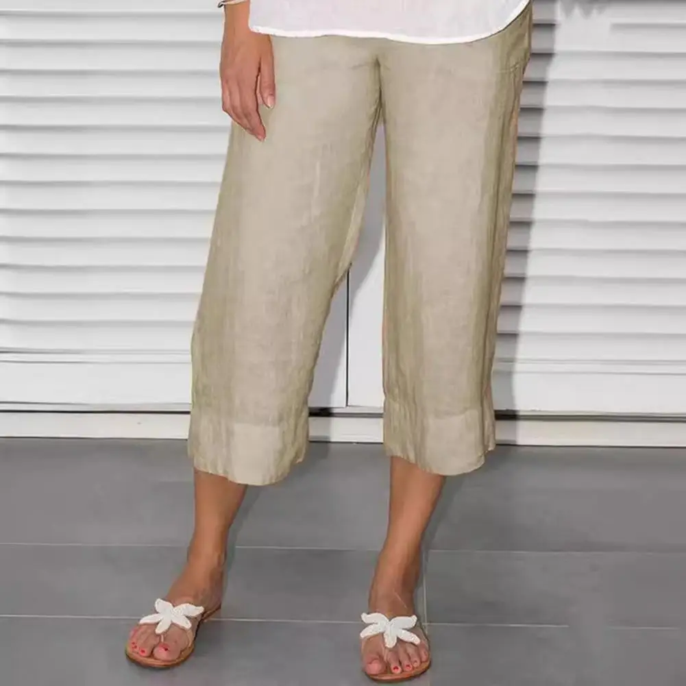 

Straight-leg Trousers Lightweight Mid-calf Trousers Summer Cropped Pants with Elastic Waist Loose Fit Style for A Comfortable