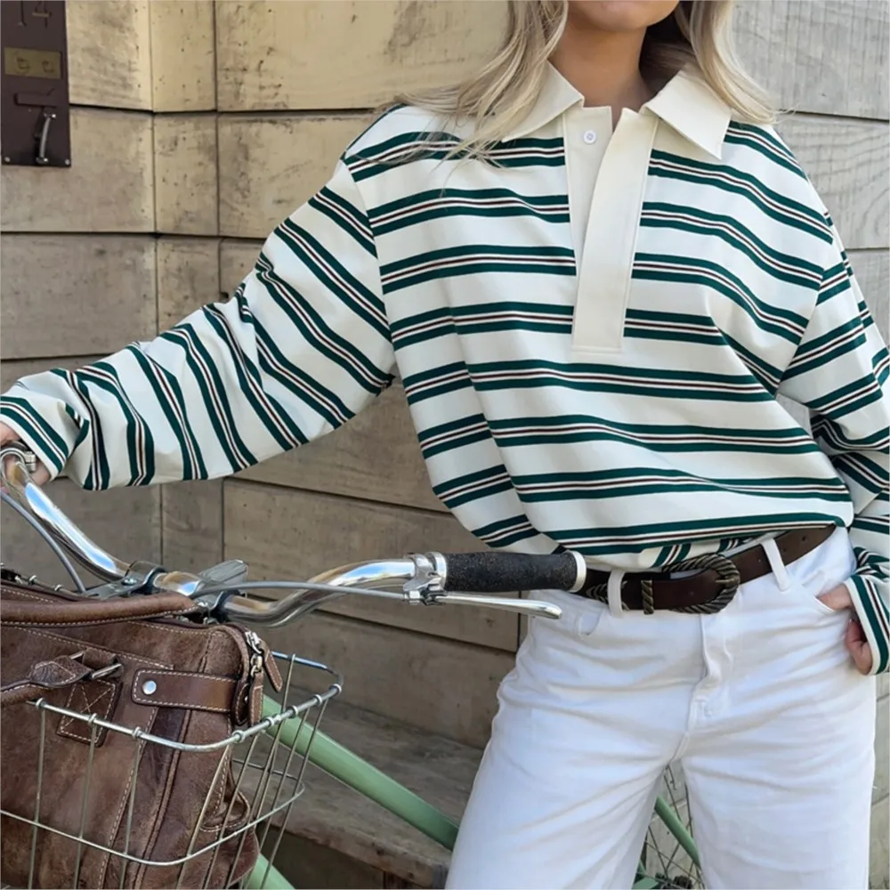 

Women's T-shirts And Polos Blusas Long Sleeve Tops T Shirt Tees Casual Simple Style All-match Contrast Striped Loose POLO Collar