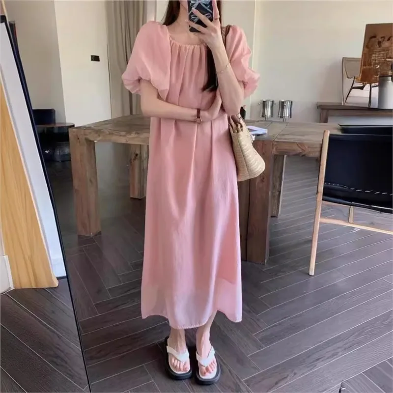

Fashion one-shoulder two-way puffy sleeve loose dress for women 2025 Korean style slimming short-sleeved long dress