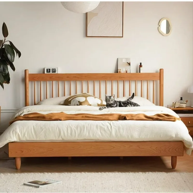 bed, Japanese style master bedroom, simple and comfortable cherry wood furniture, 1.5m retro 1.8m streamer double bed