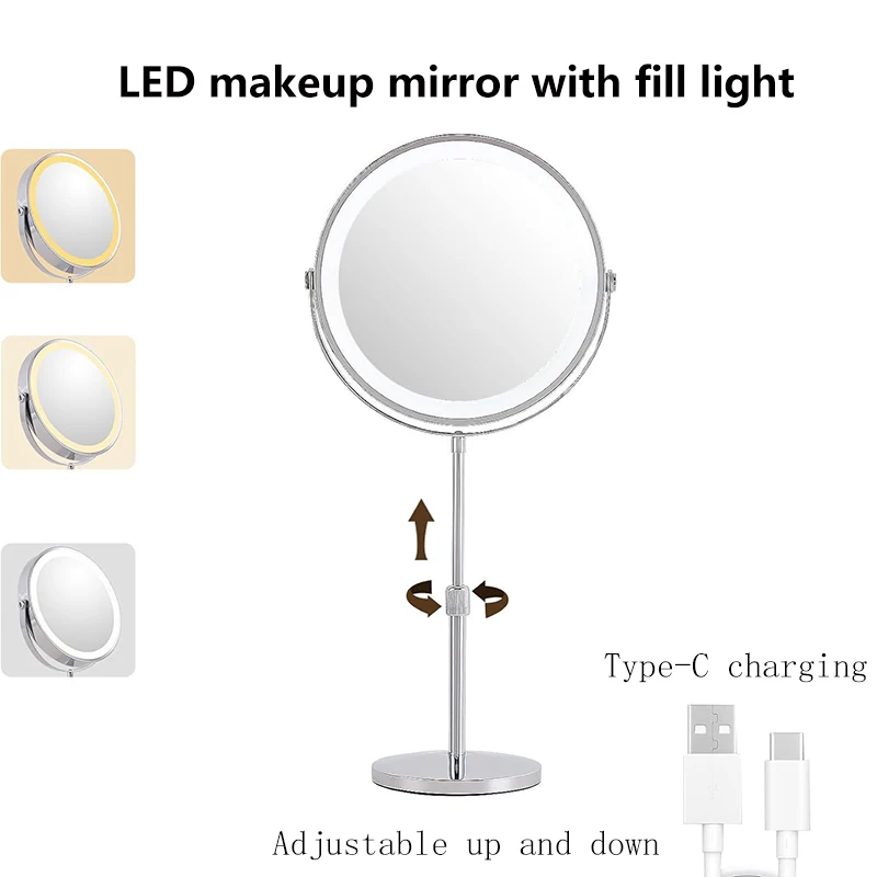 

Светодиодные фонари для макияжа с зеркалом, 8-дюймовое 3/5/7/10-кратное увеличение, двухстороннее, высокое разрешение, 3-цветный источник света, косметическая лампа