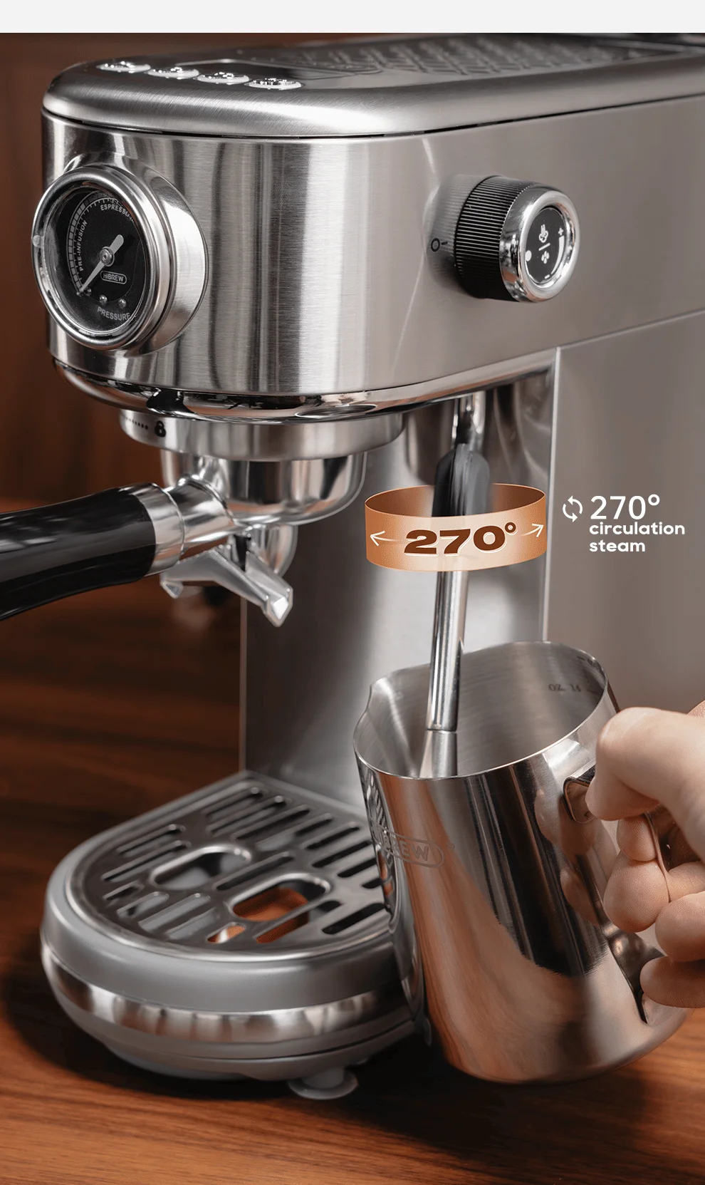 Silver Semi-Automatic Coffee Machine with Visible Pressure Gauge, Adjustable Coffee and Steam Humidity Device, Overpressure Prot