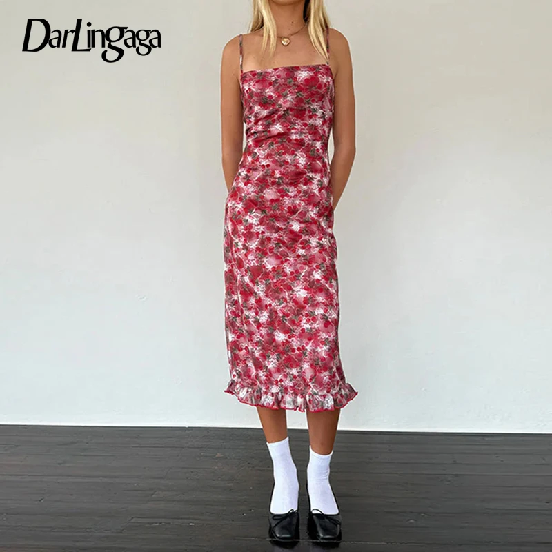 Darlingaga-Vestido longo chique vintage feminino, cinta de espaguete, férias, flores, cereja, jacquard, renda, clube, festa, dupla camada, novo