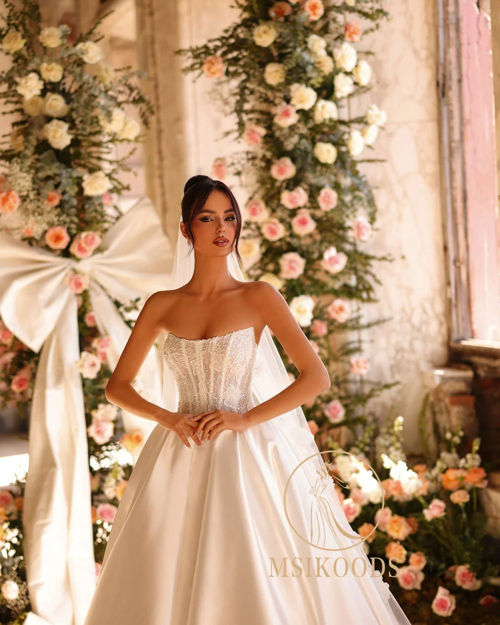 Msikoods Luxus-Brautkleid 2025, Korsett, Spitze, Applikationen, A-Linie, Brautkleid, langärmelig, Satin, Prinzessin, Brautkleider, individuell gestaltet