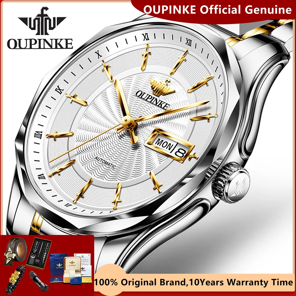 OUPINKE-Reloj Automático Original para hombre, reloj de pulsera mecánico con espejo de zafiro, fecha y semana, marca superior de lujo