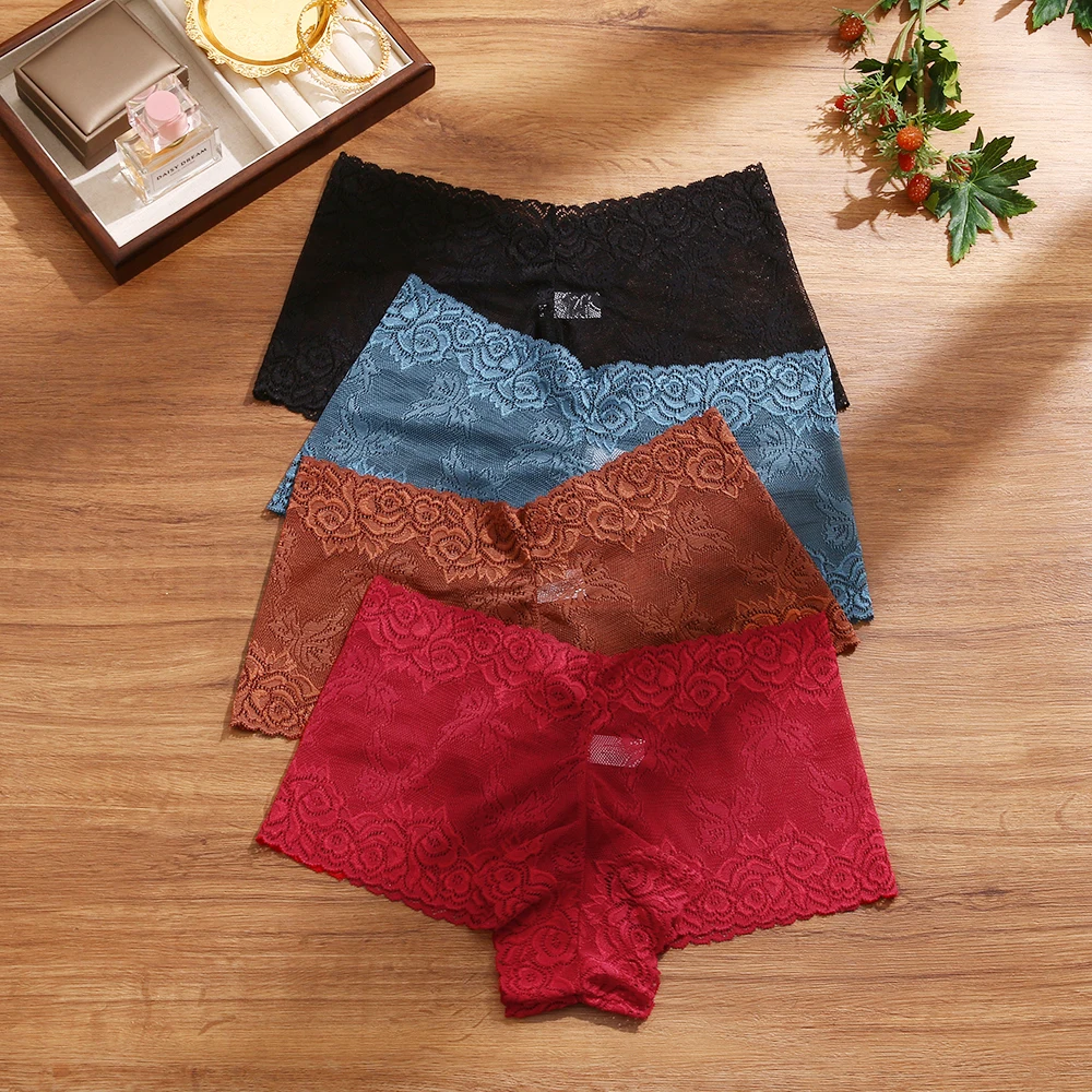 4 Pieces Women\'s Boxers Sexy Lace Panties for Women Perpective Female Underwear Mid-Rise Briefs Boyshorts Lady Seamless Lingerie