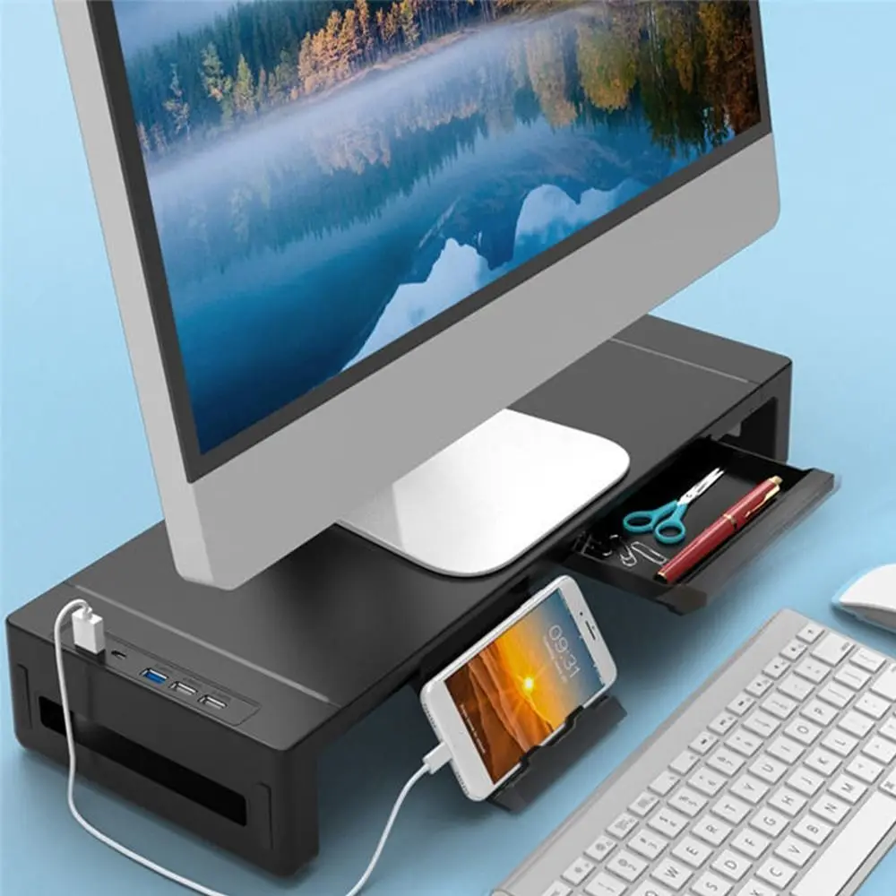 RGB 조명 모니터 스탠드 라이저, USB USB 3.0 및 2.0 허브, 보관 서랍, 노트북 거치대, 길이 조절 가능, 인체 공학적