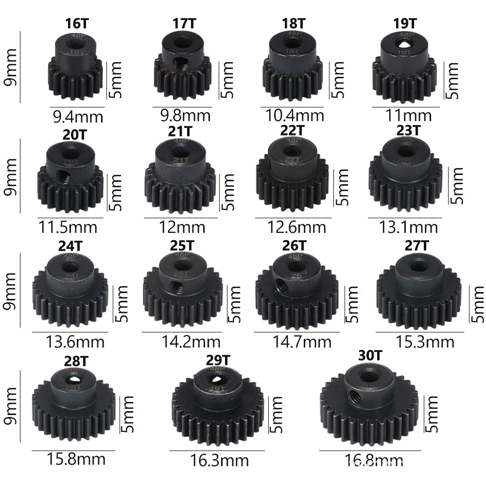 Engrenagem de dentes retos 48P, furo de 3,175 mm, 45 #   Aço, com Cubo, Acabamento Enegrecido, 13T-30T. Para modelos Traxxas Slash/E-Revo 1/10 RC.