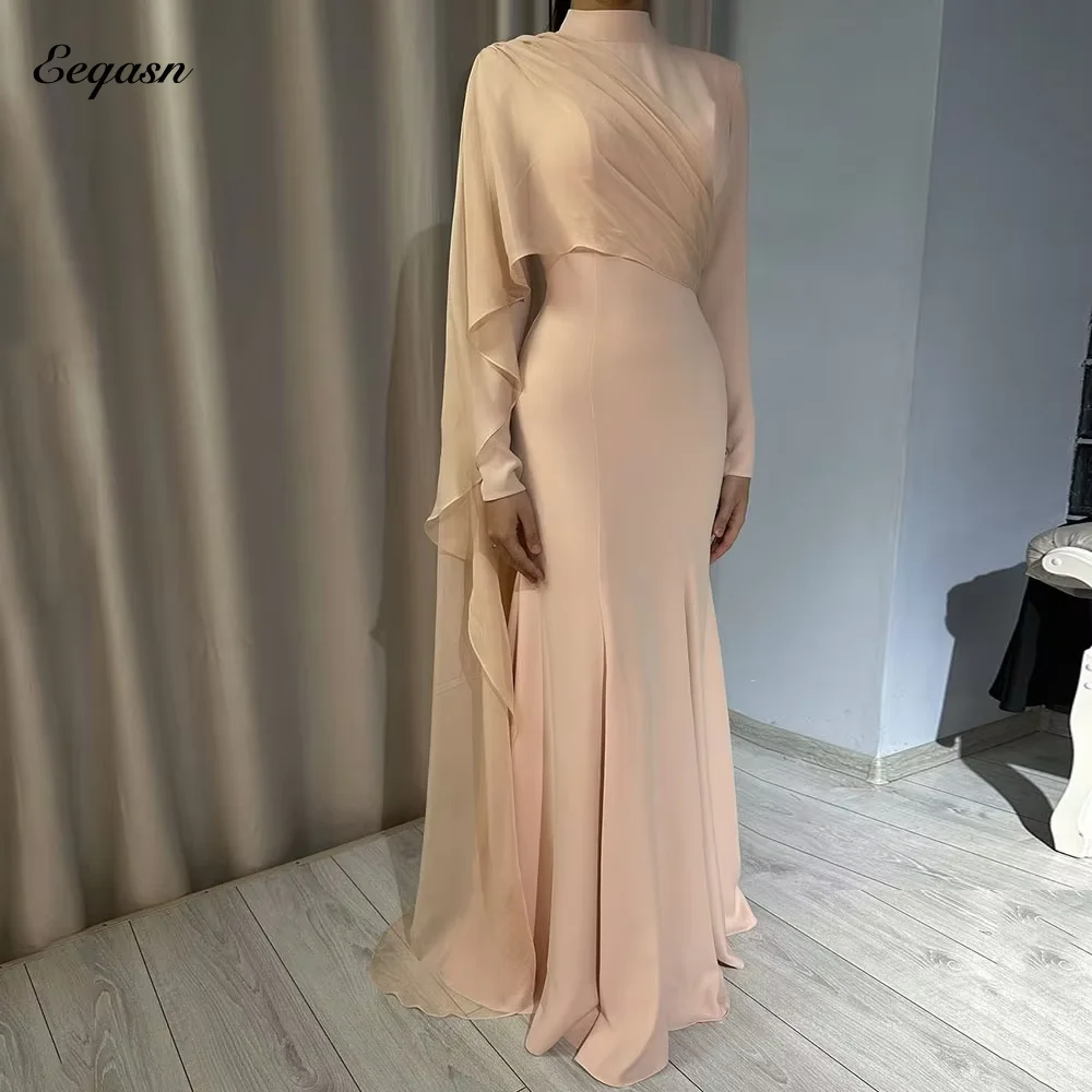 

Индивидуальные драпированные платья русалки цвета шампанского с длинными рукавами, шифоновое вечернее платье в Саудовской Аравии, платье для выпускного вечера на заказ, доступны размеры