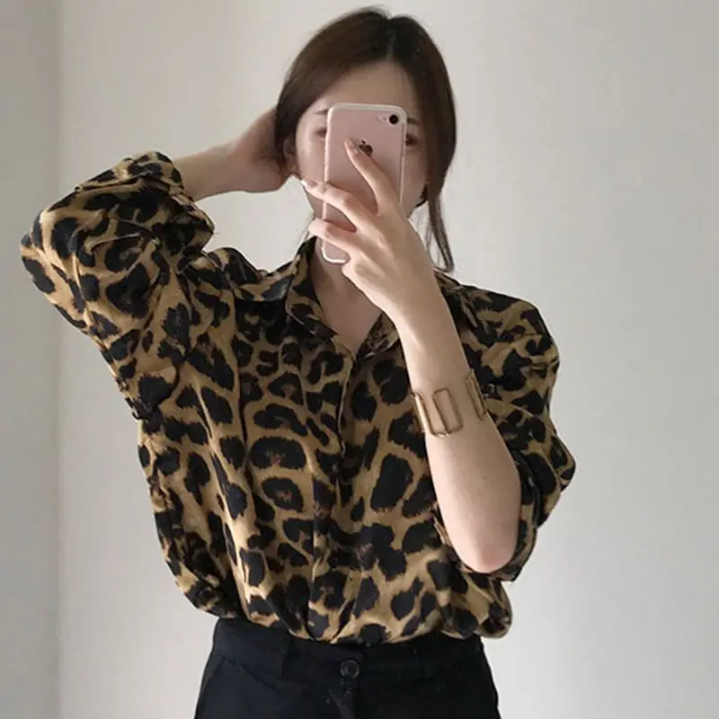 Korean Style Retro Leopard Print Lapel Single Breasted Loose Casual Long Sleeved Shirt Autumn New Fashionable Elegant Lady\'s Top