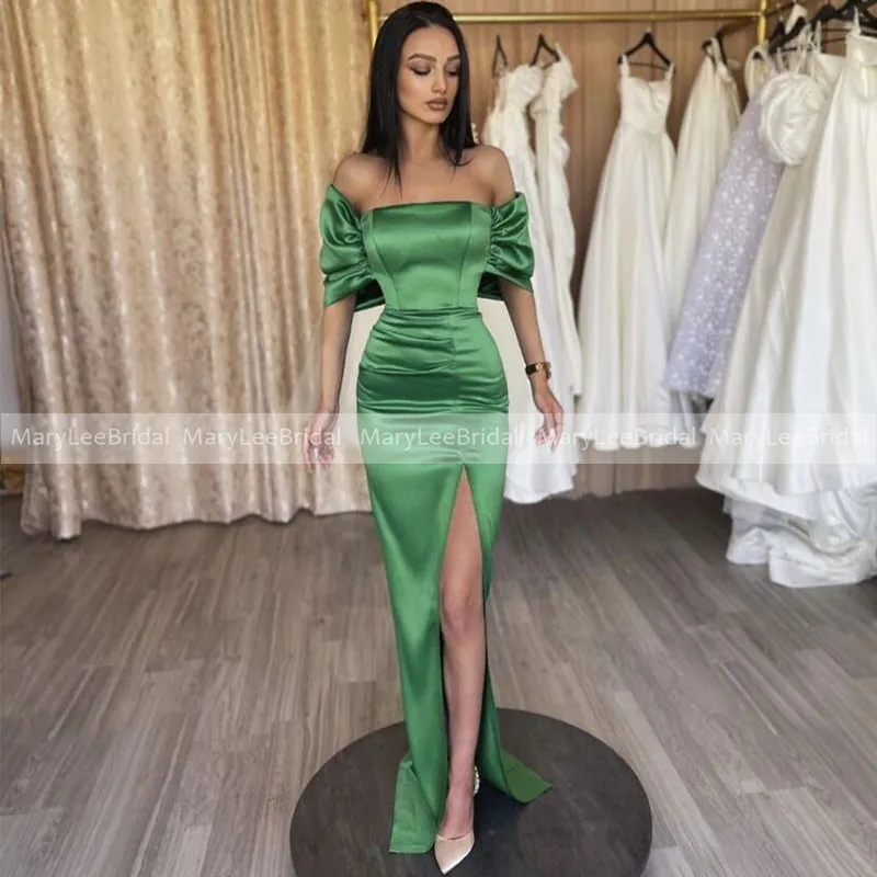 Green Satin Mermaid Prom Dresses Off the Shoulder Short Sleeve Side Split Formal Party Dress Vestido De Fiesta de graduación