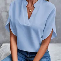 Chemisier élégant uni à col en V pour femme, chemise décontractée à manches courtes, haut ample d'été, chemisier en mousseline Harajuku pour le bureau, nouvelle collection 2026 3