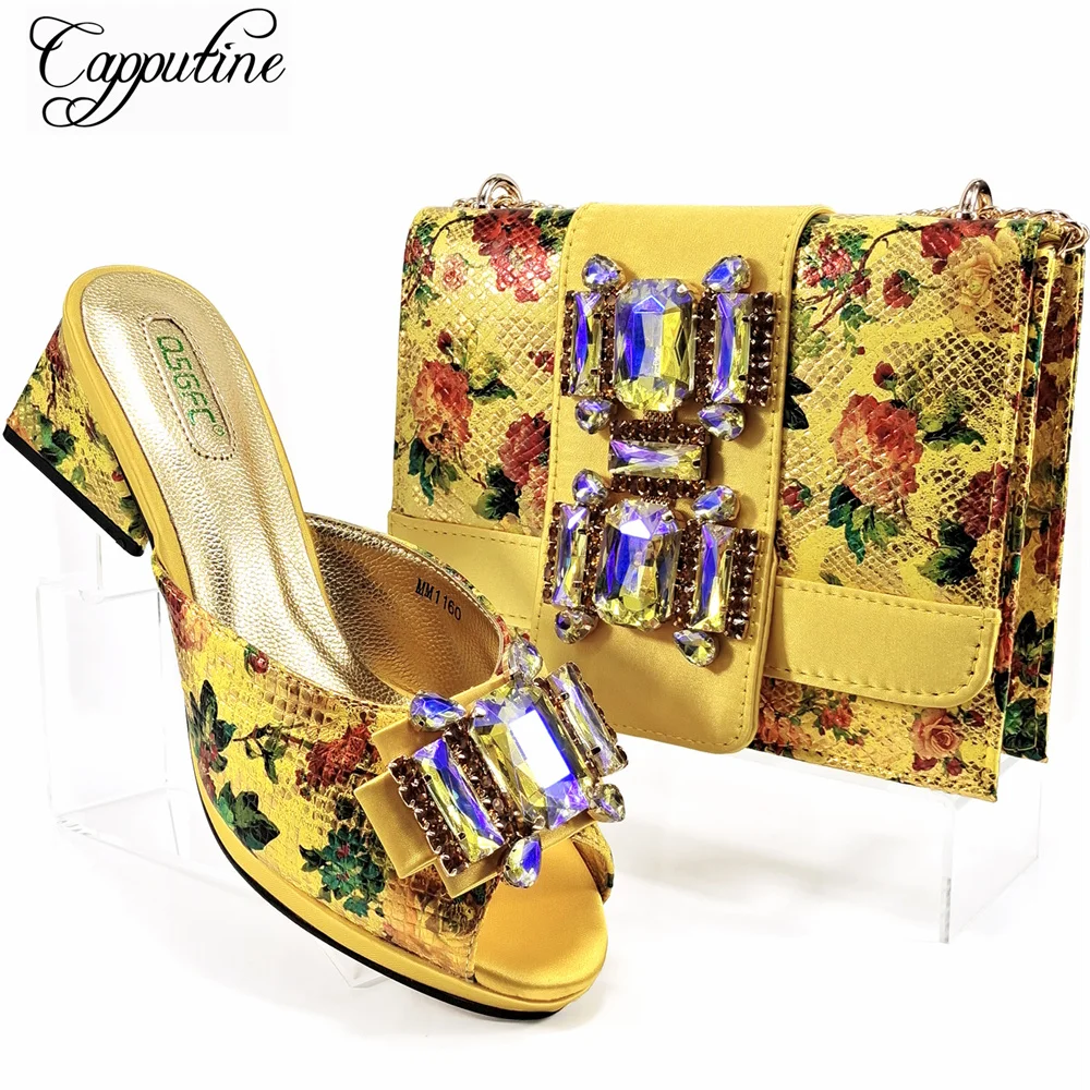 Yellow Women Shoes And Bag Set African Ladies High Heels Summer Match Slippers With Handbag Clutch Pumps Femme Pantoufles MM1160