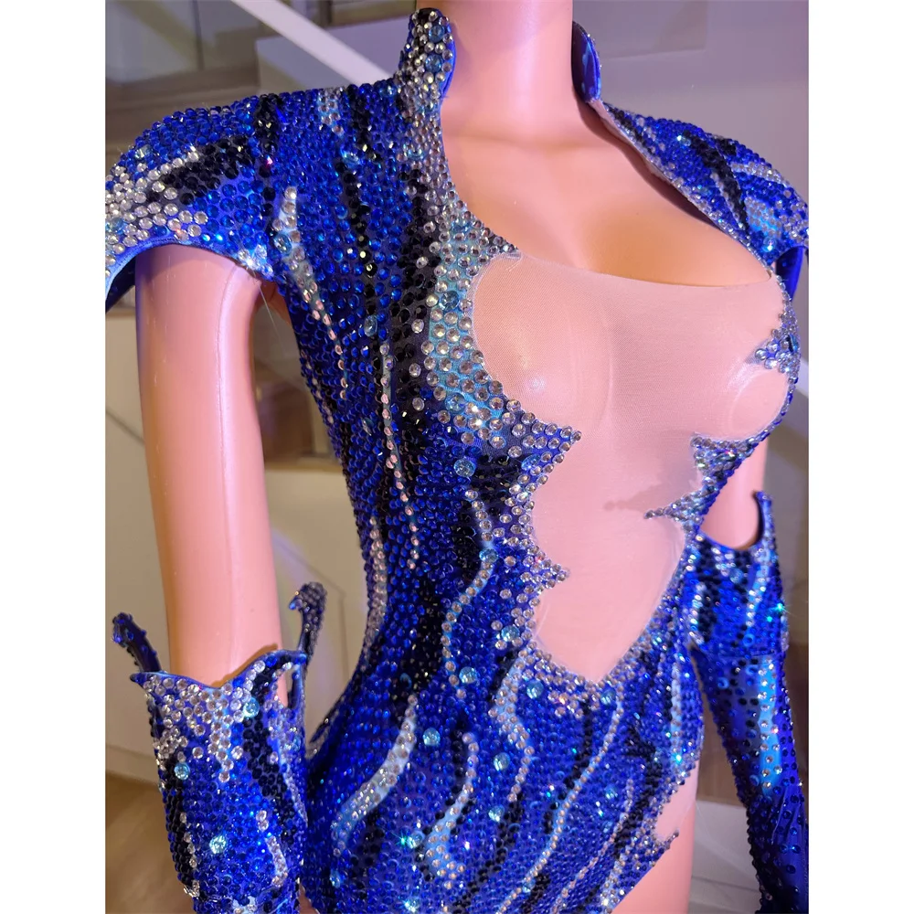 Women Singer Jazz Modern Dance Team Performance Clothes Red Blue Flame Pattern Rhinestones Bodysuit Rave Outfit Stage Costume