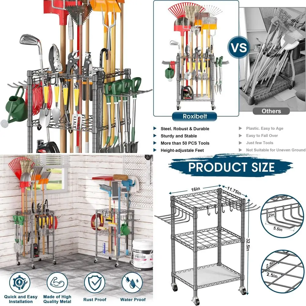 

Heavy-Duty Lockable Wheel Garden Tool Storage for Outdoor, Garage, and Shed - Holds Up to 50 Tools, Grey with Anti-Tip Feature