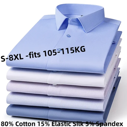 Nueva tela 80% algodón 15% seda elástica 5% LICRA sin hierro antiarrugas camisas de manga larga y camisas de manga corta para hombres formales