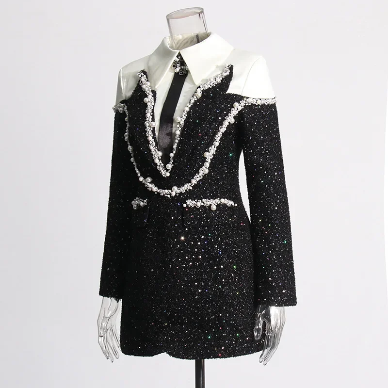 Luxury Beading Diamond Ladies Dress Long Sleeve Lapel Sequined Pearl Shiny Elegant Short Dress Heavy Industry Temperament