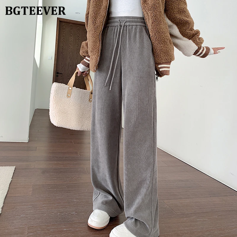 

BGTEEVER Stylish High Waist Lace-up Corduroy Pants Women Autumn Casual Loose Pockets Female Wide Leg Trousers