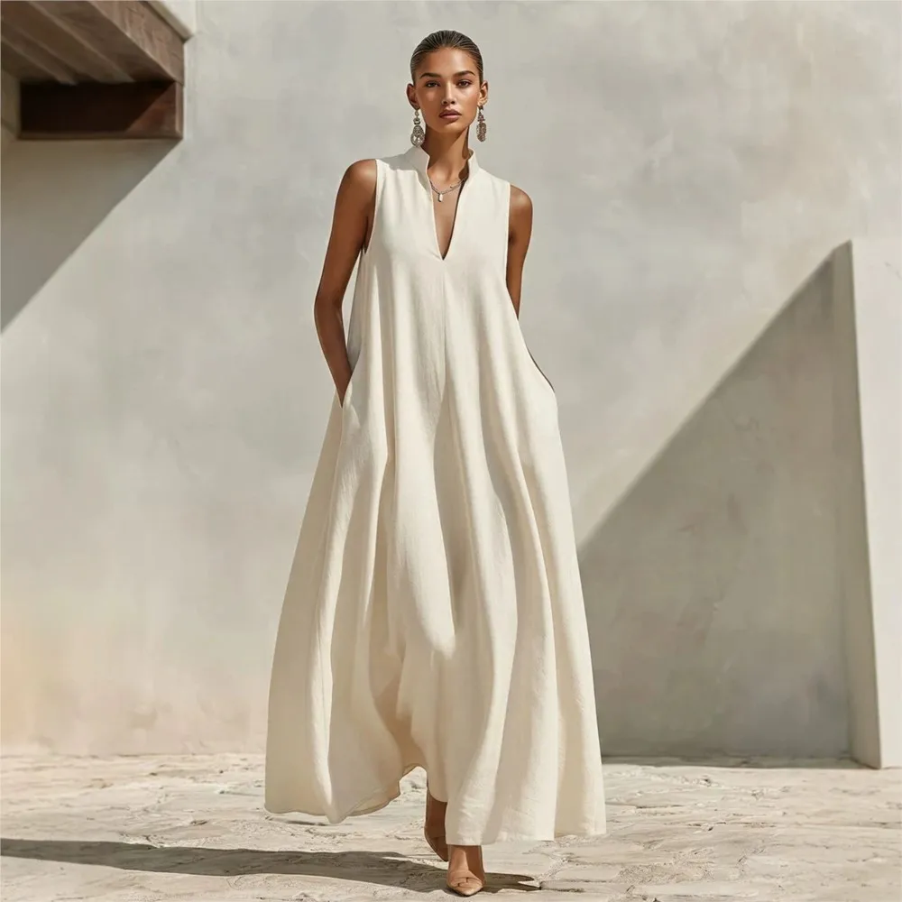 

Minimalist Women's Sleeveless Linen Blend Maxi Dress Stand Collar V-Neck Button Down Loose Pleated Hem Summer Elegant Long Dress