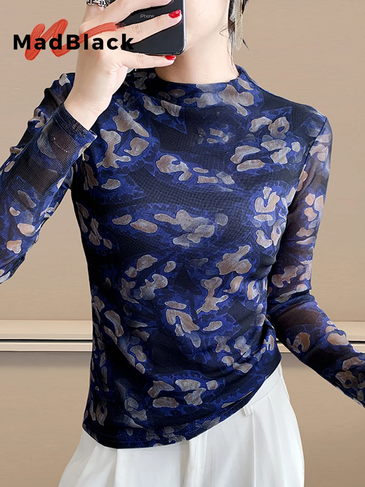 

MadBlack-Женская европейская футболка, сексуальная водолазка с принтом, винтажная тонкая сетчатая футболка с длинными рукавами S-3XL, осень 2021, T58968CC