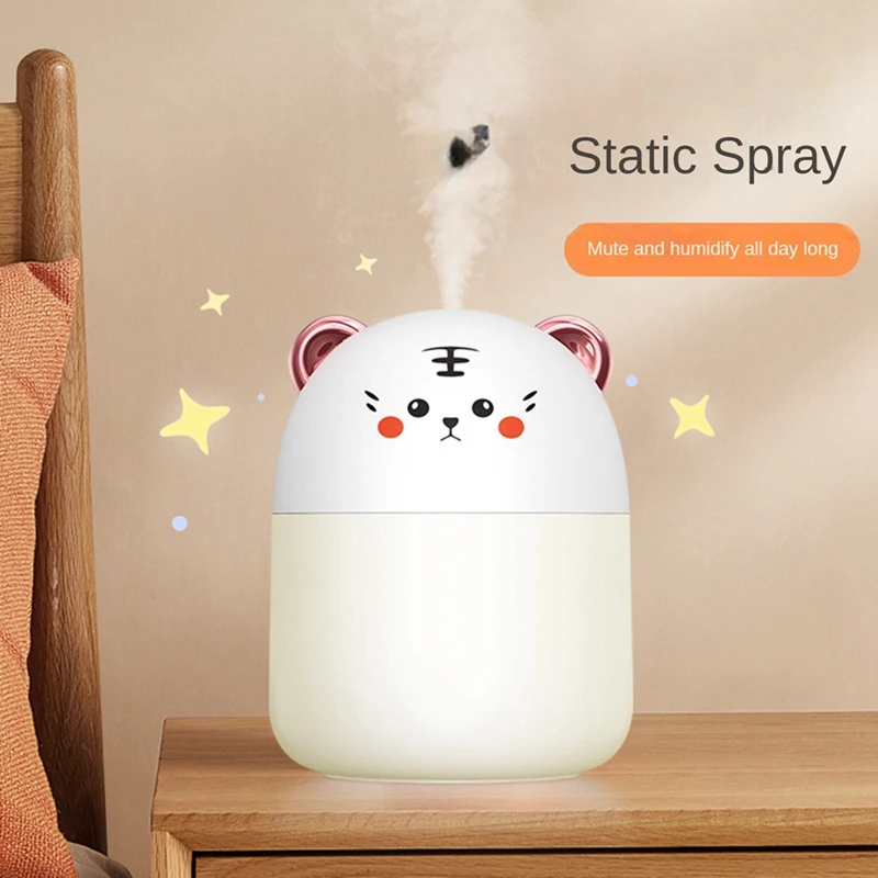 Humidificador purificador de aire para mascotas, minihumidificador bonito con luz de ambiente para el hogar, color blanco, 250Ml